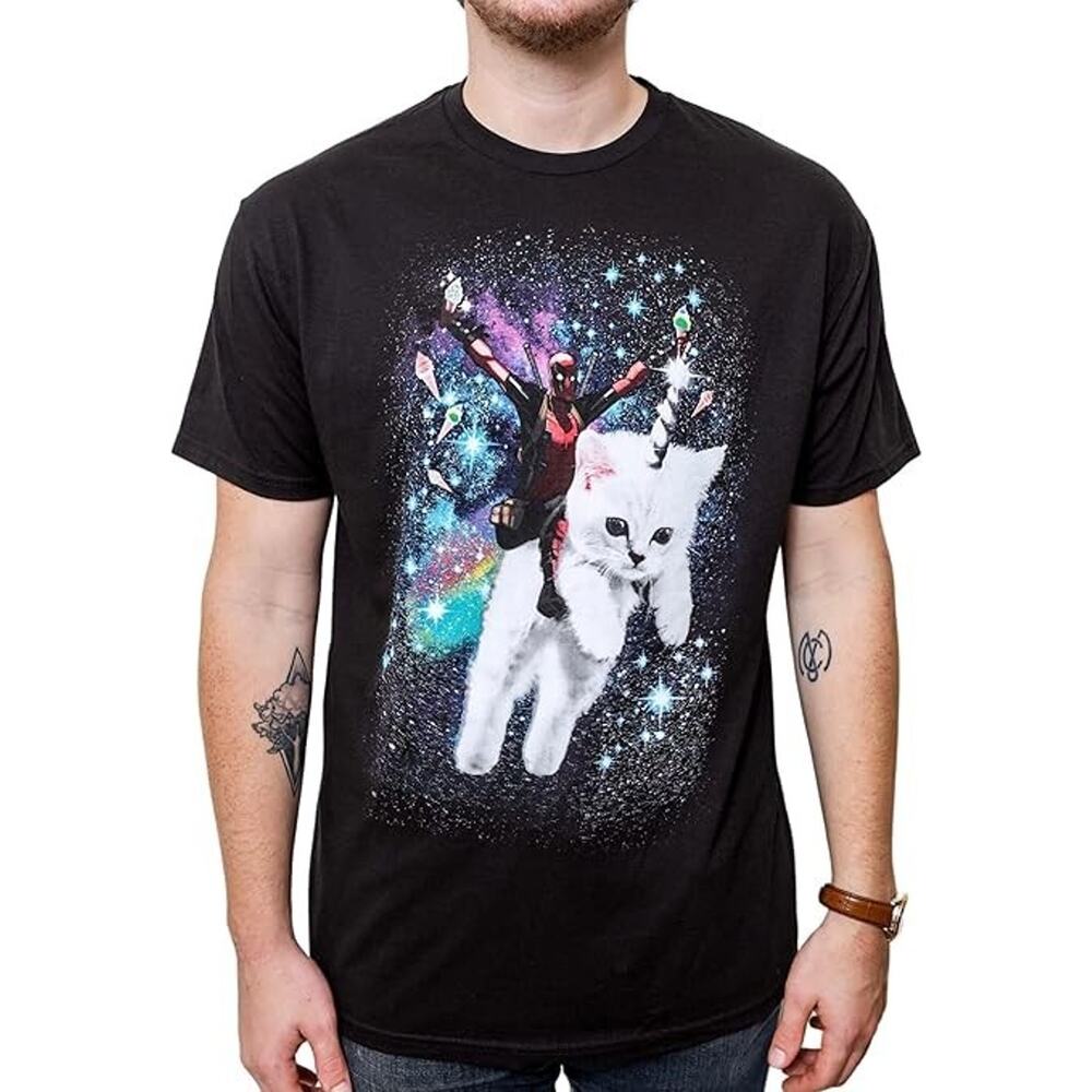 Marvel Deadpool Space Trip Unicorn Kitty Adult T-Shirt, BLACK, Size Small